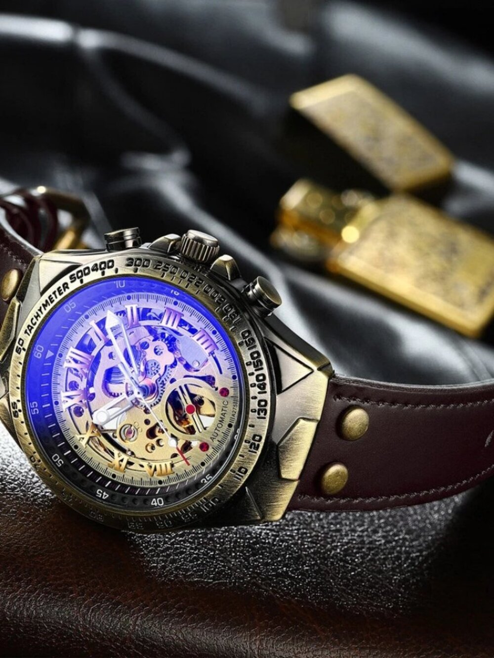Luxury Men's Automatic Mechanical Wrist Watch Leather Strap Retro Skeleton Style